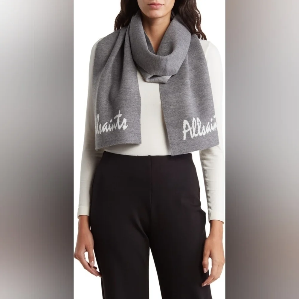 All Saints Gray Logo Jacquard Scarf